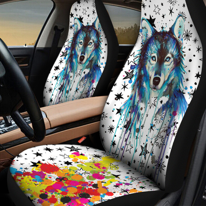 Wolf And Stars Colorful In White Background Car Seat Cover