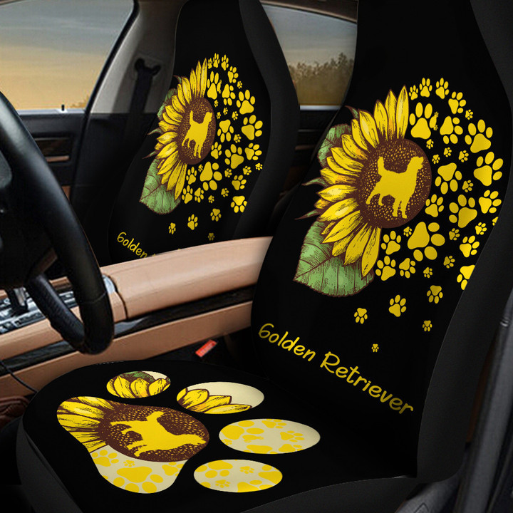 Golden Retriever Sunflower In Black And Yellow Background Car Seat Cover