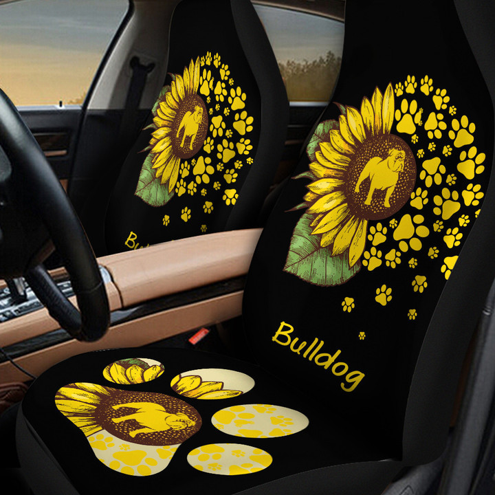 Bulldog Sunflower In Black And Yellow Background Car Seat Cover