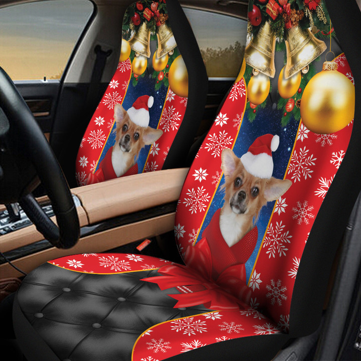 Chihuahua With Bauble Ornaments In Red Background Car Seat Cover