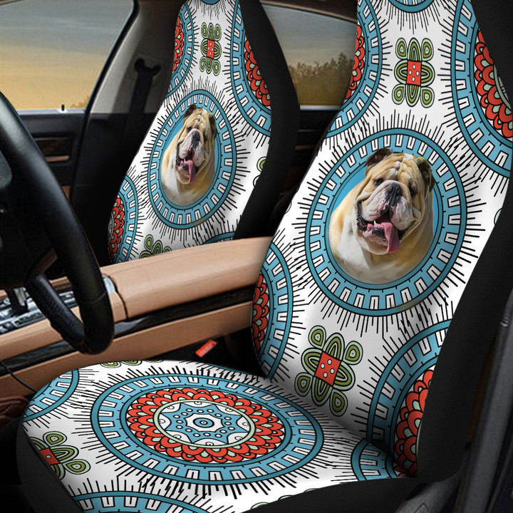 Bulldog Paisley Pattern In Blue And White Background Car Seat Cover