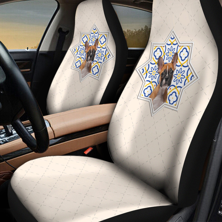 French Bulldog Paisley Pattern And Rhomb Shapes In White Background Car Seat Cover