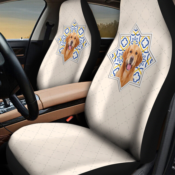 Golden Retriever Paisley Pattern And Rhomb Shapes In White Background Car Seat Cover