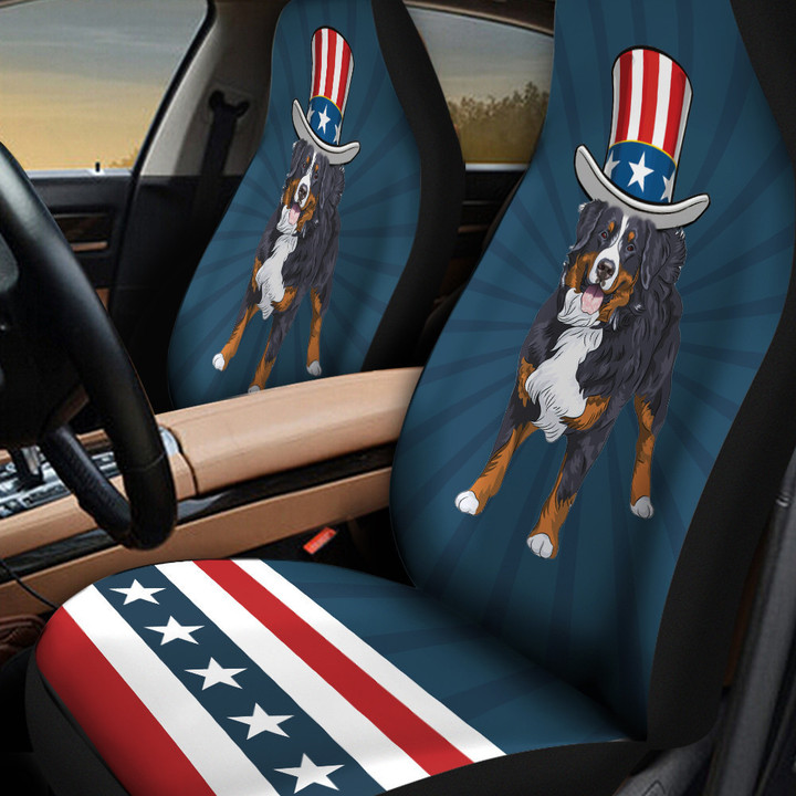 Bernese Mountain With Stripes And Stars Pattern In Navy Blue Background Car Seat Cover