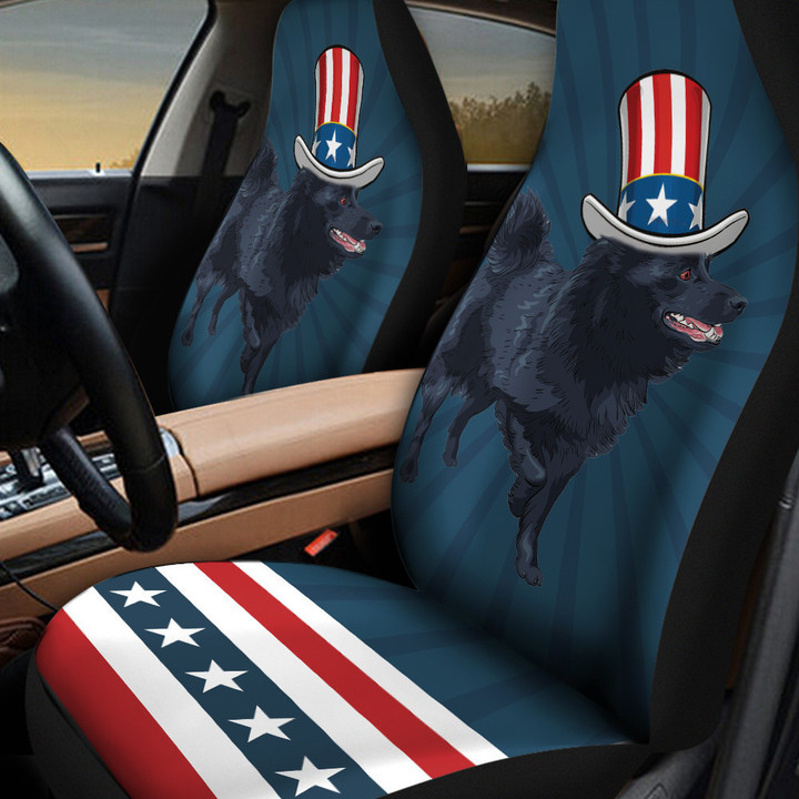 Schipperke With Stripes And Stars Pattern In Navy Blue Background Car Seat Cover