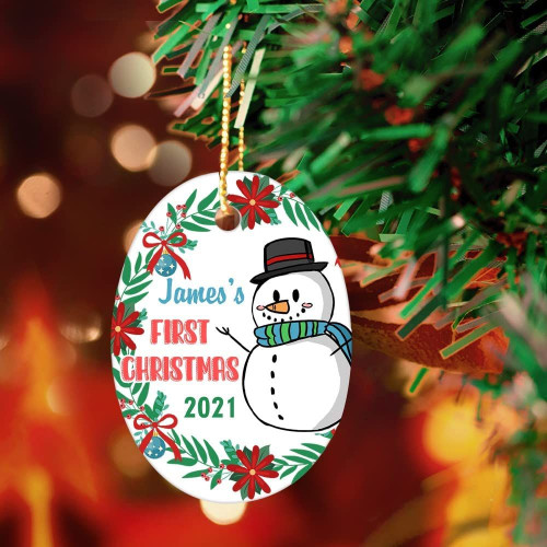 Personalized Christmas Ornament Set, Snowman Baby First Christmas 2021 Oval Tree Decorations
