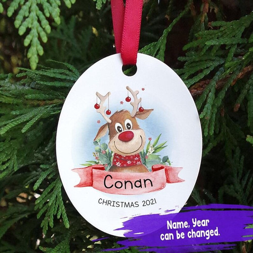 Personalized Christmas Ornament Set, Reindeer First Christmas Oval Tree Decorations
