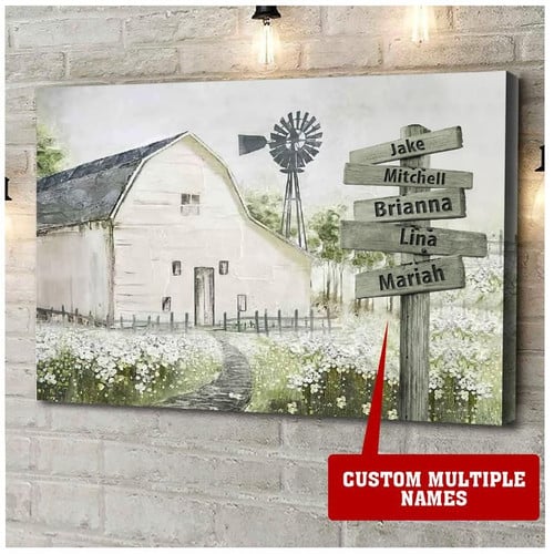 Rustic Farmhouse Custom Family Names Canvas Poster, Personalized Multi-Names Street Sign Design, Housewarming Gift, Living Room Wall Decor