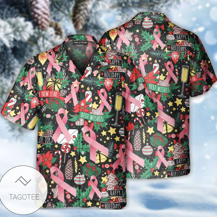 Christmas Hawaiian Shirt, Breast Cancer Merry Christmas Button Up Shirt For Men