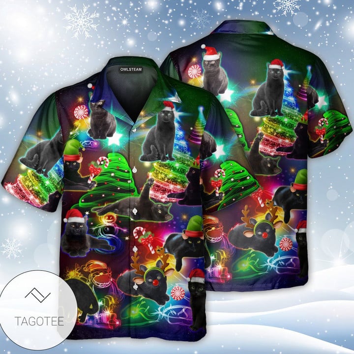 Christmas Hawaiian Shirt, Christmas Tree Black Cat Button Up Shirt For Men