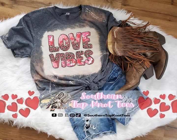 Love Vibes Valentine's Day Leopard Bleached Tshirt For him, her, boyfriend, girlfriend, wife, husband Valentines Day Gift