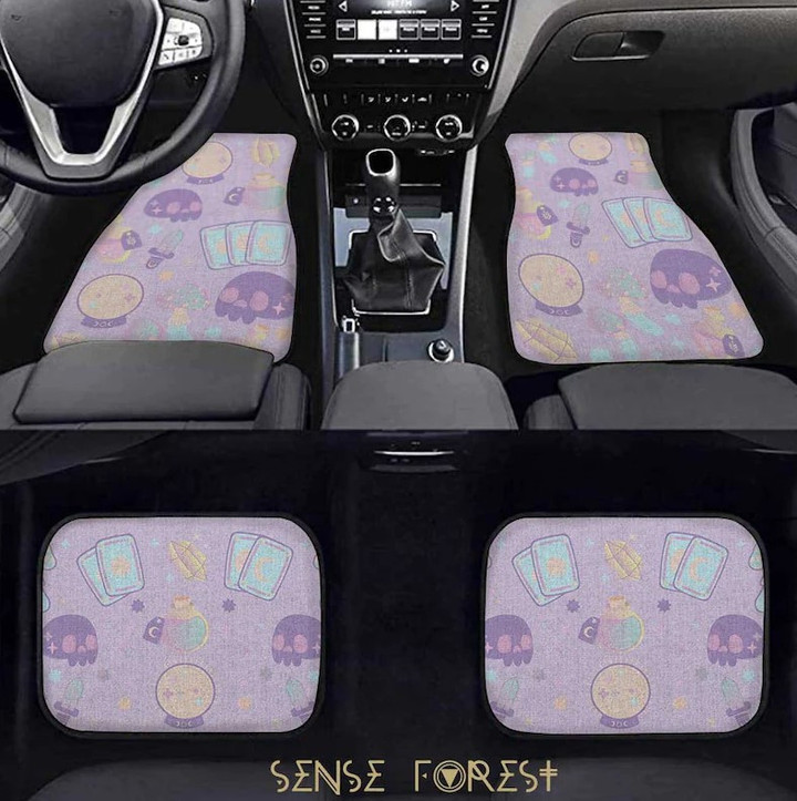 Kawaii Goth pastel purple Mystical witch car floor mats, witchy cute skull crystall car interior decor, kawaii witchcraft car accessories