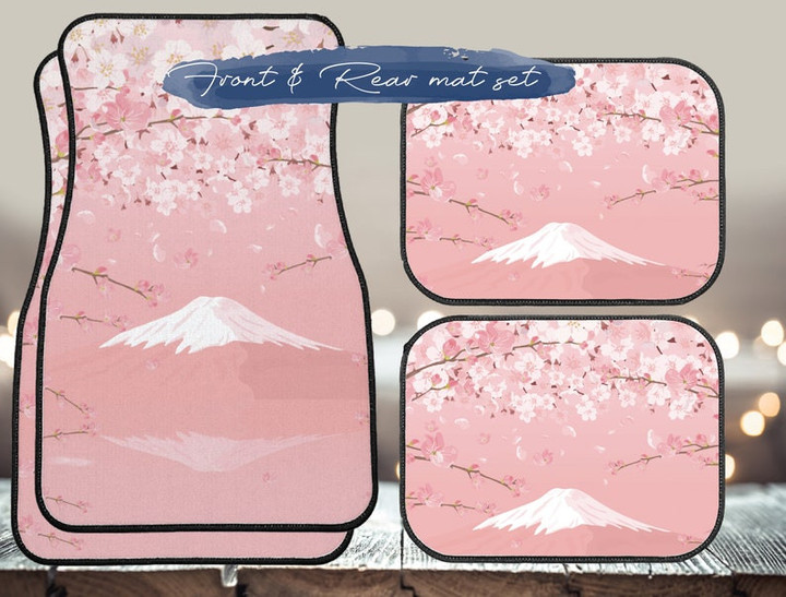 Kawaii Japanese mount Fuji Cherry Blossom car floor mats, Cute Pink Japanese Sakura Anime car interior decor