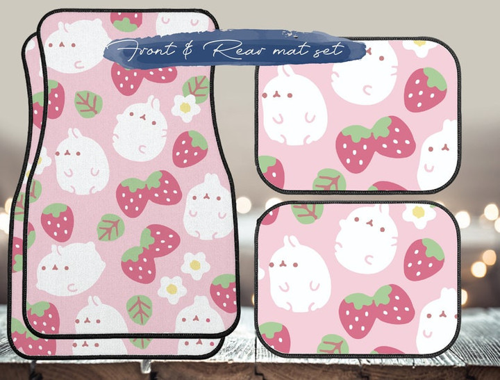 Pink pastel cottage Kawaii Japanese anime bunny strawberry car floor mats, cute chubby rabbit car interior decor, car accessories gift set