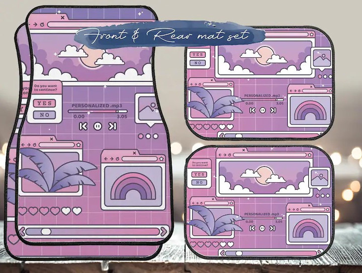 Vaporwave custom Car accessories, Cute retro car mats, Pastel purple Lo-Fi Personailzed song name Kawaii cat mat gift