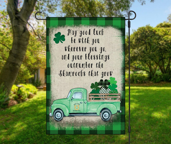 St. Patricks farm truck Garden flag, cute plaid background distressed green truck shamrocks