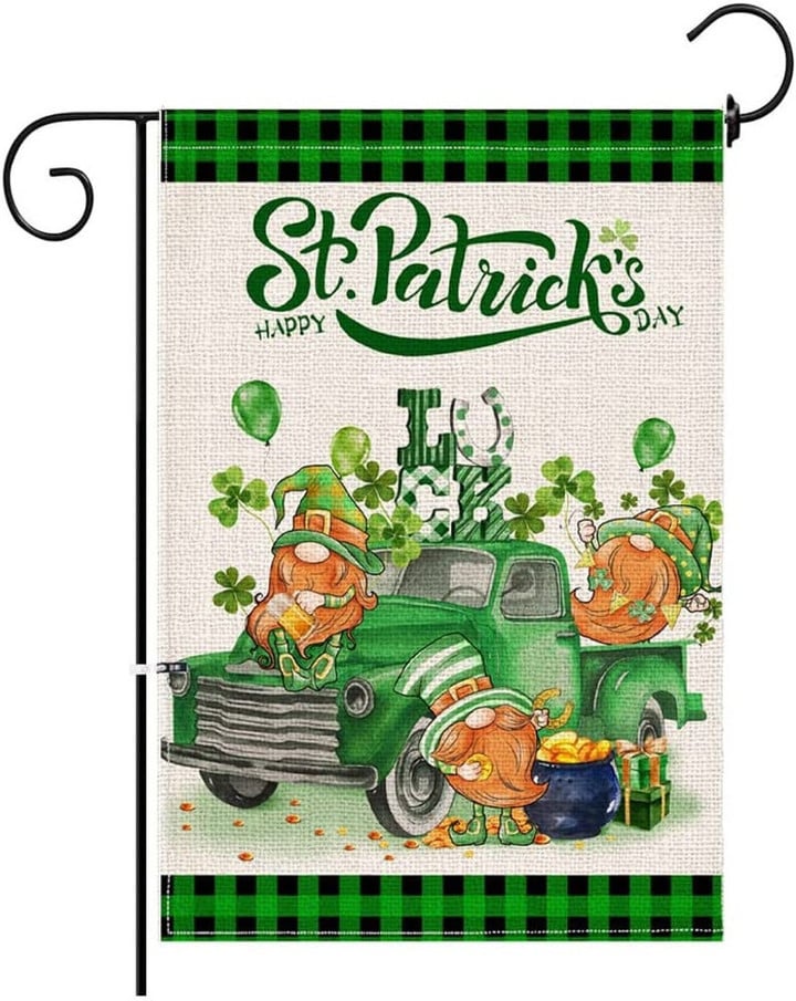St Patrick's Day Garden Flag, Happy St Patrick's Day Gnomes with Truck Yard Flag