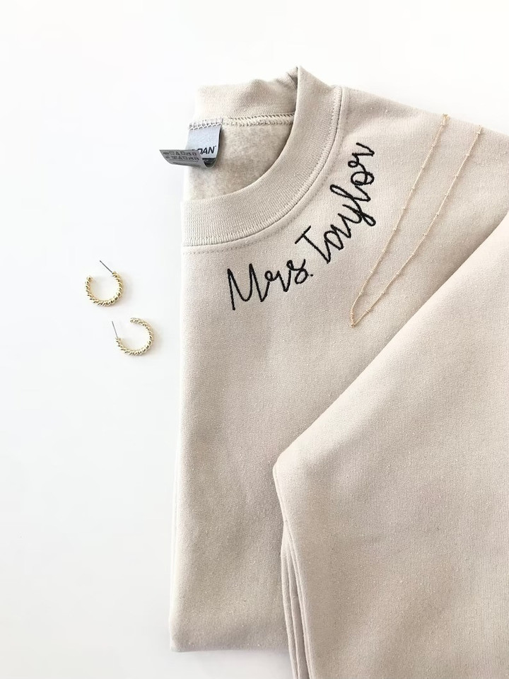 Custom Embroidered Bride Sweatshirt, Personalized Mrs Shirt, Gift For Wife