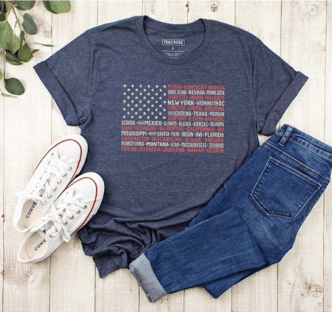 Vintage American Flag Tee with States - Fourth of July Tees, Patriotic T Shirts