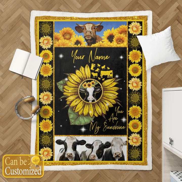 Cow You Are My Sunshine Sunflower Sherpa Blanket Custom Personalize Your Name