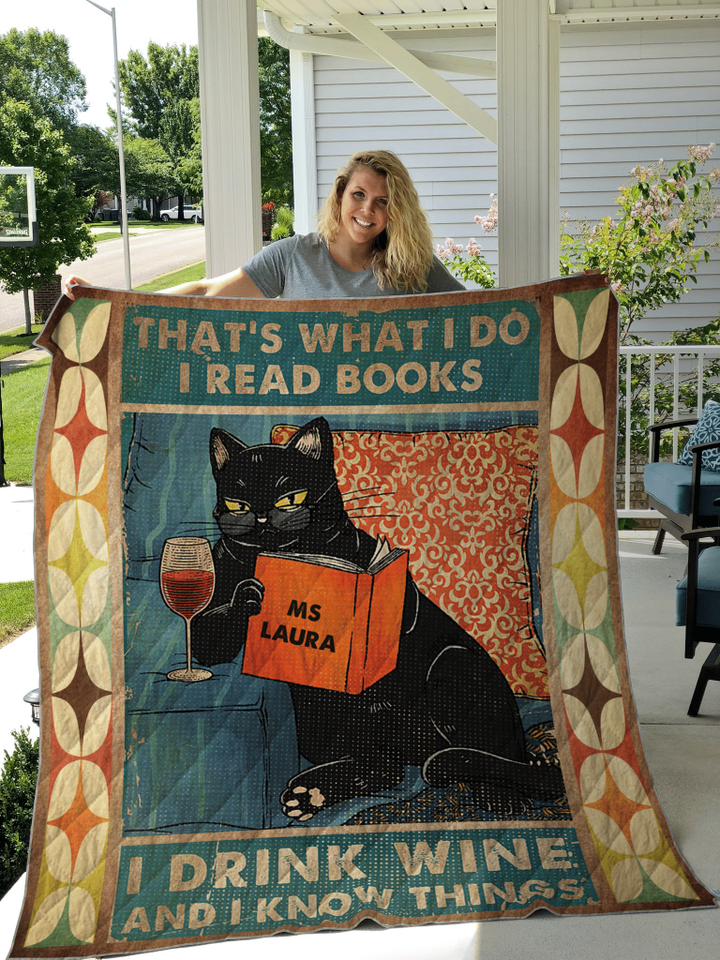Black Cat Book and Wine Quilt Custom Personalize Name