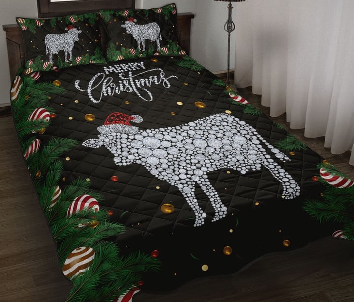 Cow Diamond Hat Santa Background Christmas Quilt Bed Set