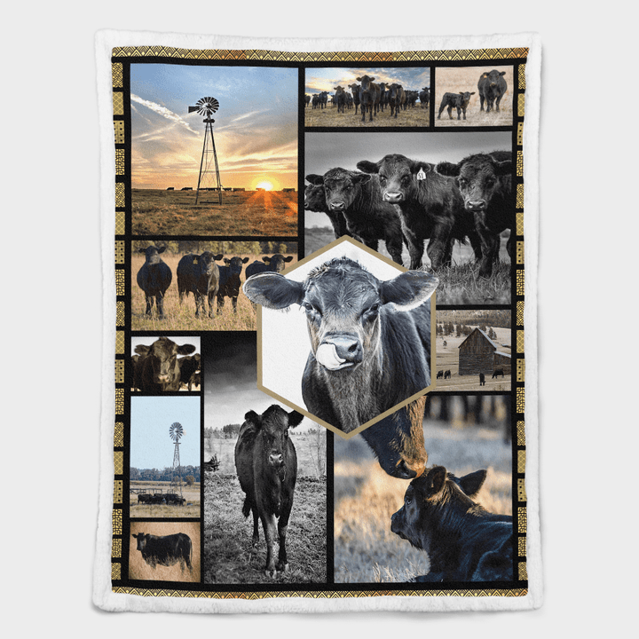 Cow Black Angus Cattles Quilt - Fleece Sherpa Blanket