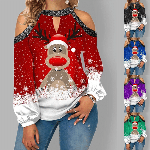 🎅 🎅 2021 New Fashion Christmas Elk Print Sequin Off Shoulder Top Long Sleeve T-Shirt