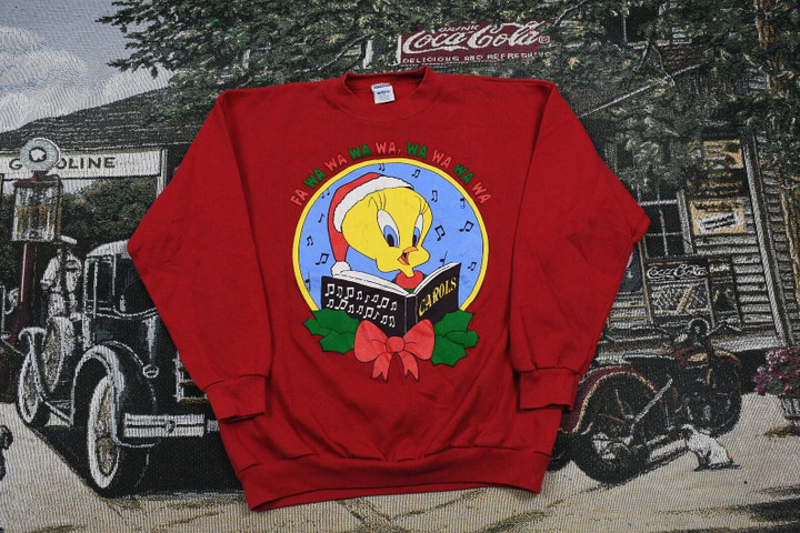 Vintage Looney Tunes Christmas Sweater  90s Holiday Crewneck  Winter Wear  Festive Graphic  Caroling  Tweety Bird  Made In Usa