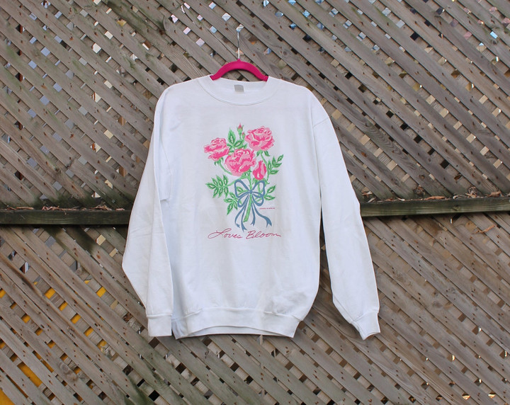 Vintage 90s Crewneck Sweater  Loves Bloom  Flower  Floral Graphic  Plant And Tree  Outdoor  Made In Usa Pullover