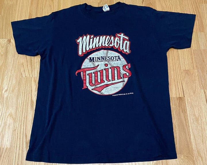 Vintage 80s Champion Minnesota Twins Mlb Baseball Navy Blue Polyester Blend Short Sleeve T Shirt Made In Usa