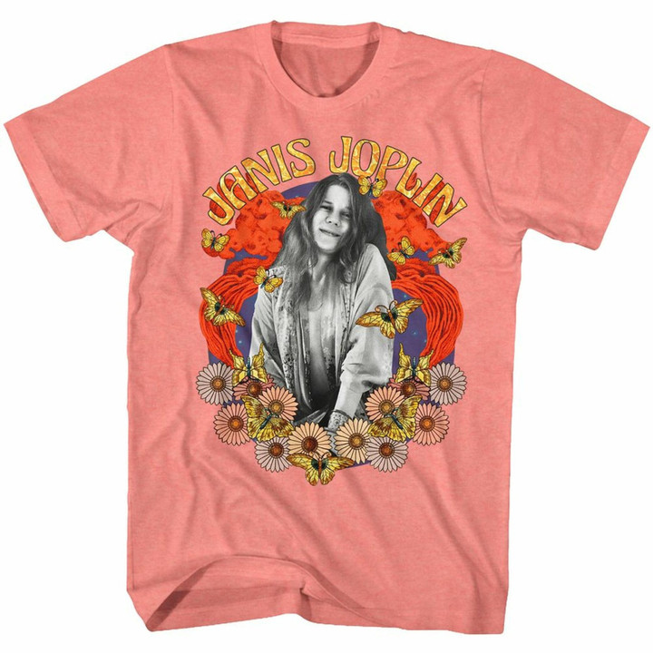 Janis Joplin Collage Coral Silk Heather Adult T shirt