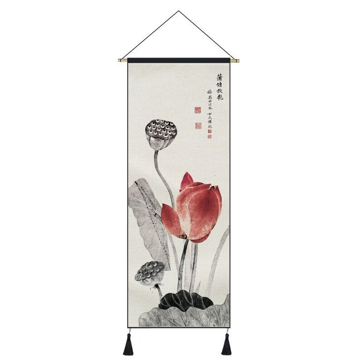 Chinese Style Painting Scroll lotus Flower Cloth Material Wall Hanging Picture