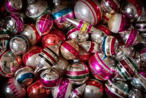 Stripe Christmas ornaments, vintage decoration, 1950s Christmas,assorted stripe glass ornaments, balls, icicles, Xmas antique,