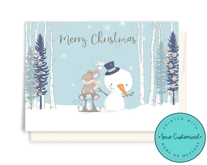 PRINTED Cute Christmas Mouse and Snowman Christmas Cards - Woodland Christmas Card Set, Christmas Card, Holiday Cards, Holiday Card