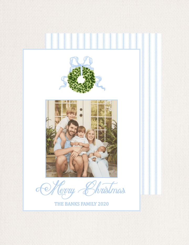 Watercolor Blue Bow Boxwood Wreath Christmas Card