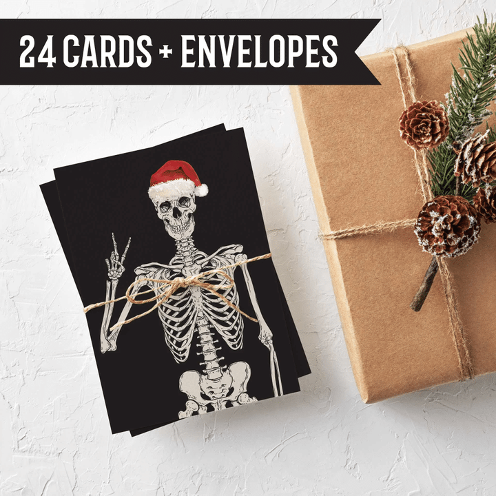 Skeleton Christmas Cards - 24 Holiday Cards + Envelopes Punk Skull Xmas Goth Merry Christmas Cards 6063