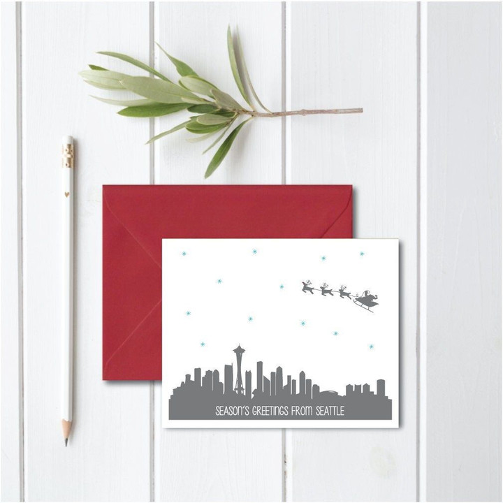 Christmas Cards, Holiday Cards, Santa, Seattle, Skyline, City, Silhouettes, Reindeer, Handmade, Washington, Washington State