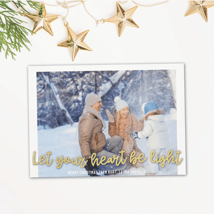 Let Your Hearts be Light Christmas card with a gold foil look, holiday family photo card