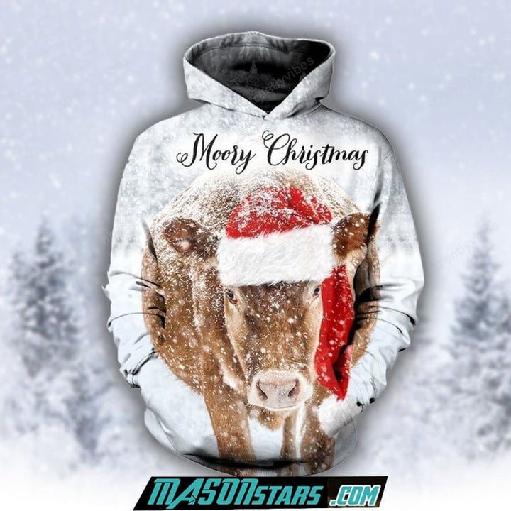 Farmer Cow Merry Christmas Pullover Hoodie