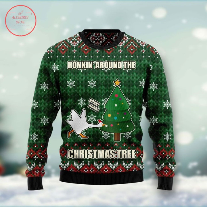 Duck Honkin Around Christmas Tree Ugly Christmas Sweater