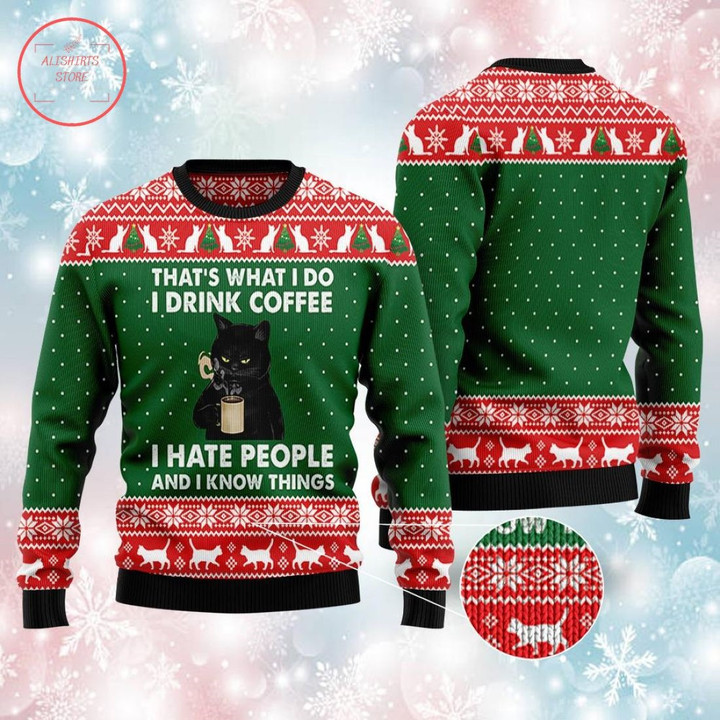 I Drink Coffee I Hate People Black Cat Ugly Christmas Sweater - Diosweater