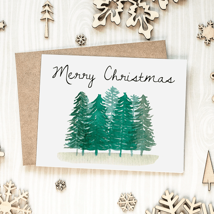 Christmas Cards - Merry Christmas Card, Christmas Trees, Pine Trees, Christmas Card Set, Watercolor Notecards, Watercolor Trees, Set of 10