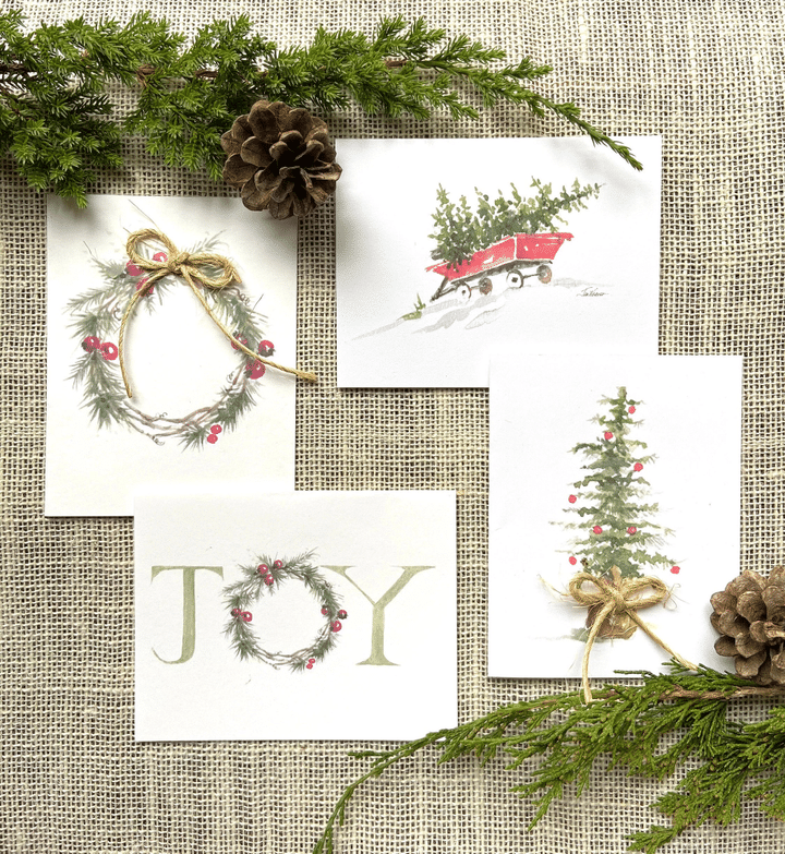 Hand Painted Christmas Greeting Card, Xmas Tree Greeting Cards w/ Envelope, Watercolor Joy Wreath Design Cards, Sets of 8 and 12 Xmas Cards