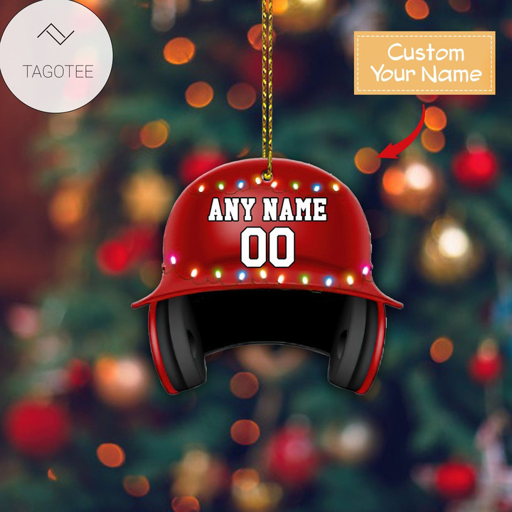 Personalized Red Baseball Helmet With Christmas Light Flat Ornament