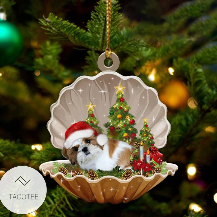 Gold White Shih Tzu Sleeping Pearl In Christmas Ornament