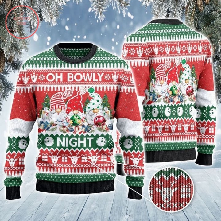 Bowling And Gnomes Lovers Gift Oh Bowly Night Ugly Christmas Sweater