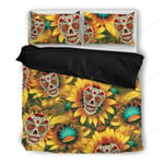 Sunflower Skull Themed Cotton Bed Sheets Spread Comforter Duvet Cover Bedding Sets