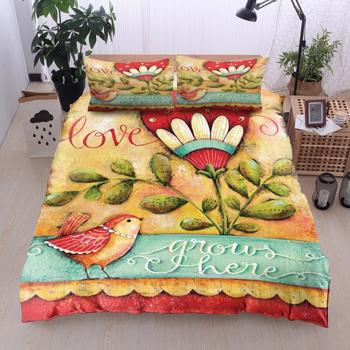 3D Bird Love Grow Here Cotton Bed Sheets Spread Comforter Duvet Cover Bedding Sets