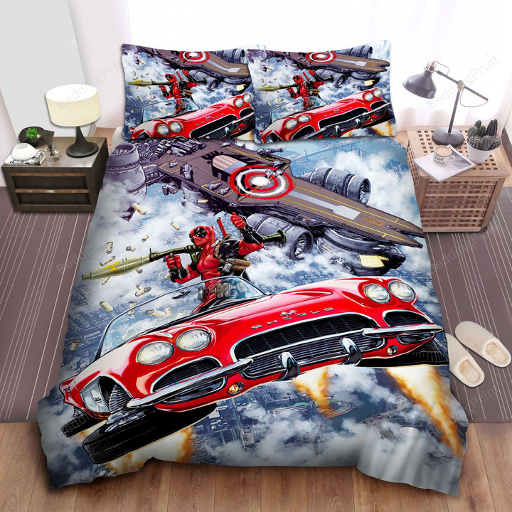 Deadpool And Flaming Buildings Bed Sheets Spread Comforter Duvet Cover Bedding Sets